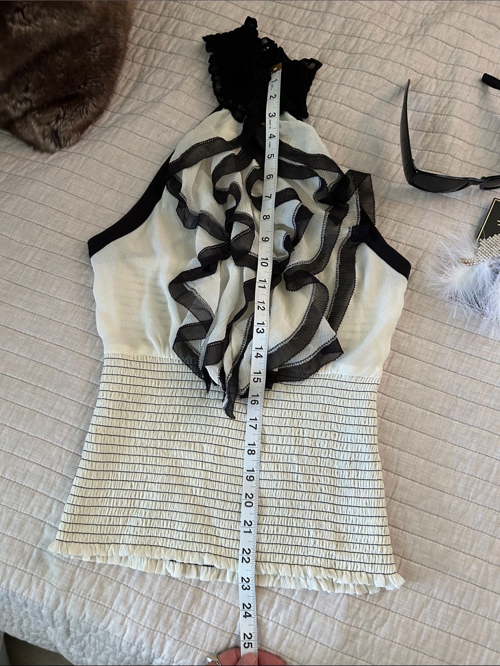 Bebe Vtg Y2K rare cream black silk ruffle halter smocked top blouse S - Picture 6 of 14